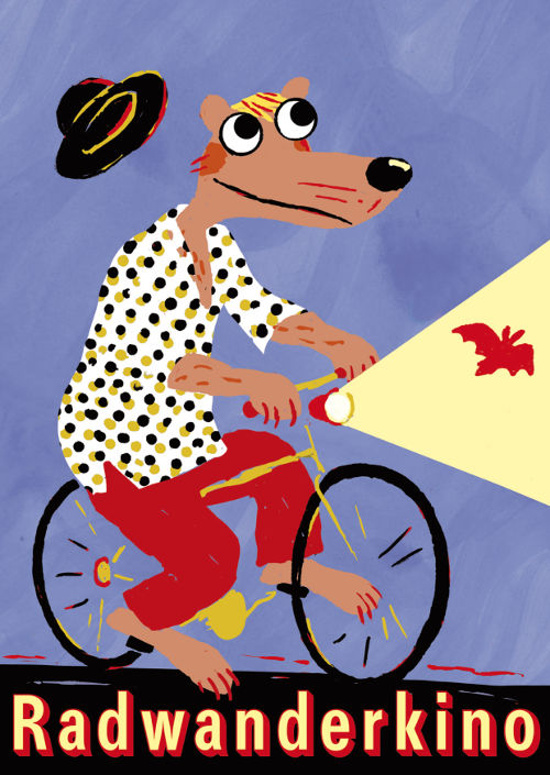 Motiv des Radwanderkinos: ein Hund auf einem Fahrrad, im Scheinwerferlicht des Fahrrads eine Fledermaus