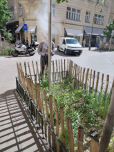 Eine Straßenszene mit etwas Grün und Wasser